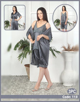 Florea - 3 Pcs Silk Nighty Set With Gown - 113
