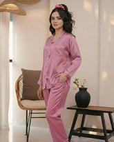 Florea Silk Pajama Set With Scrunchie - Pink