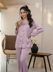 Florea Silk Pajama Set With Scrunchie - Lilac