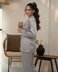 Florea Silk Pajama Set With Scrunchie - Grey