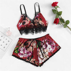 Florea Lingerie Set Printed Satin Two Piece Lace Bra and Panty  with Elastic A006