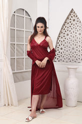 Florea - 2 PCS LONG SLIT SILK NIGHTY SET 120 - Maroon