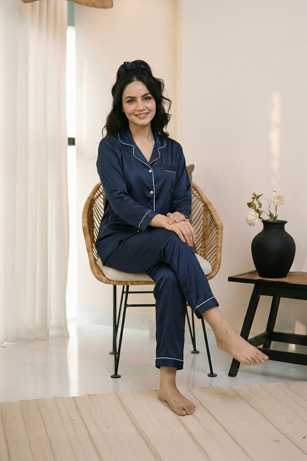 Florea Silk Pajama Set With Scrunchie - Navy Blue