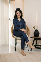 Florea Silk Pajama Set With Scrunchie - Navy Blue