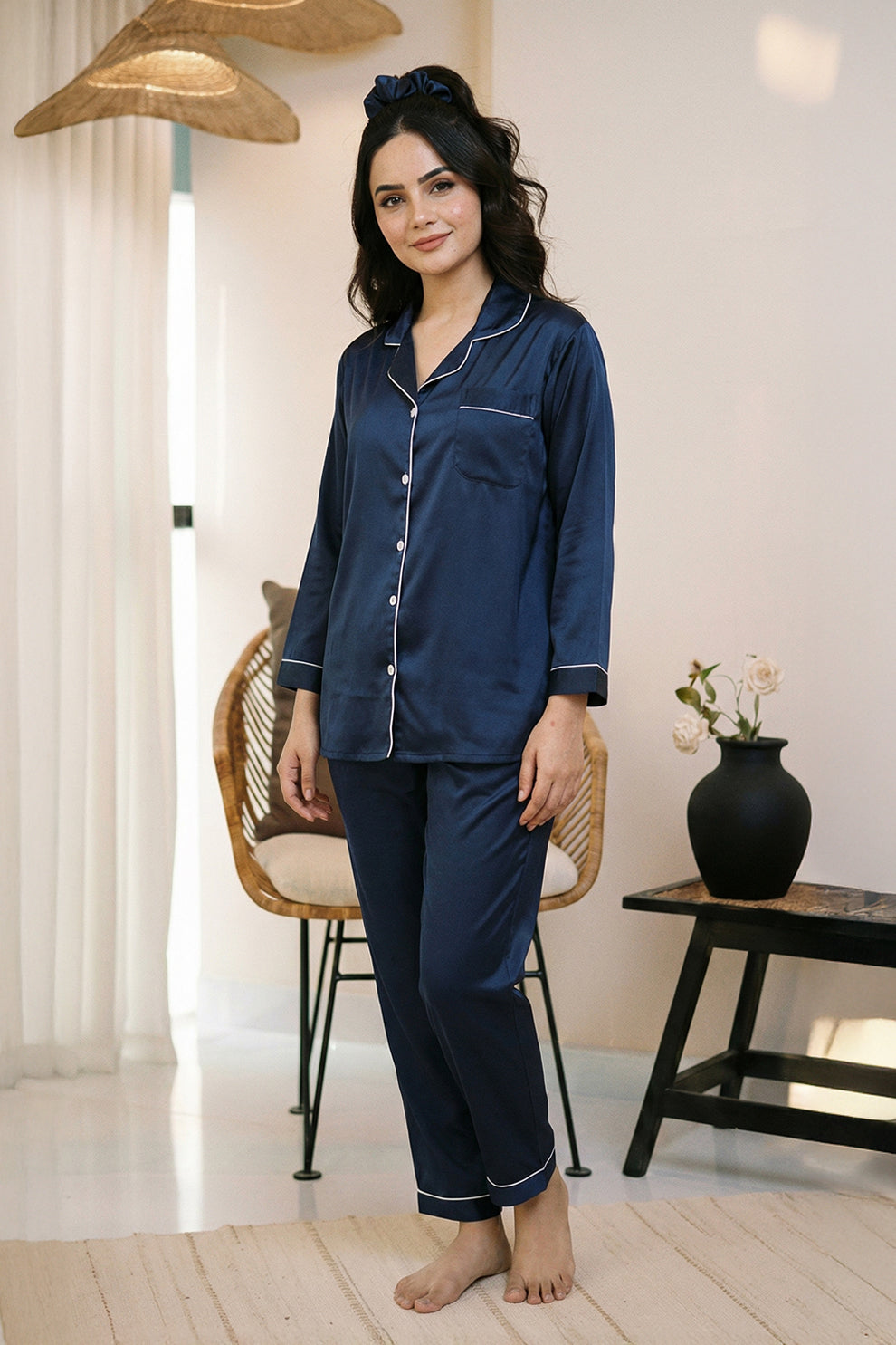 Florea Silk Pajama Set With Scrunchie - Navy Blue