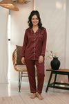 Florea Silk Pajama Set With Scrunchie - Maroon