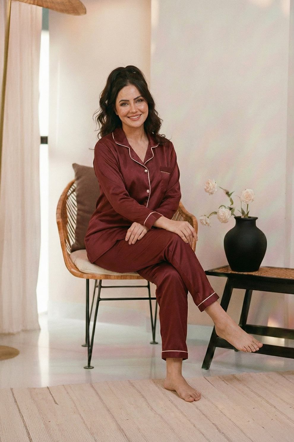 Florea Silk Pajama Set With Scrunchie - Maroon