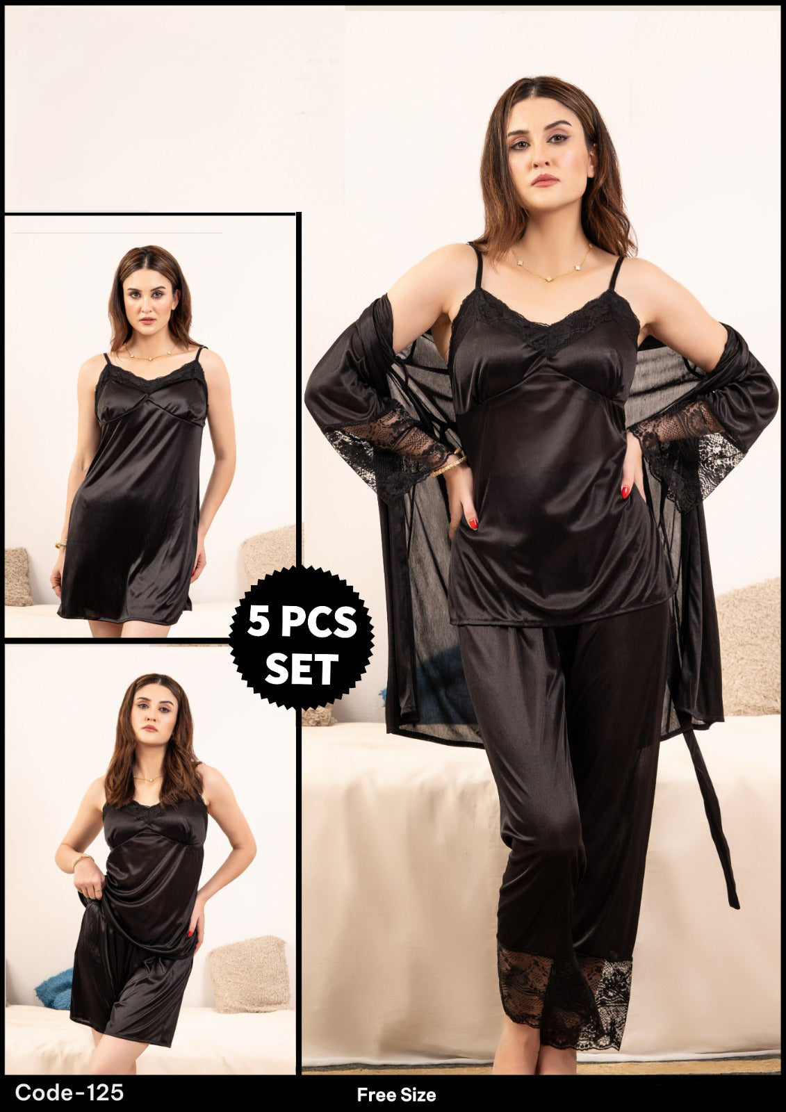 Florea - 5 Pcs Silk Nighty Set With Gown - 125