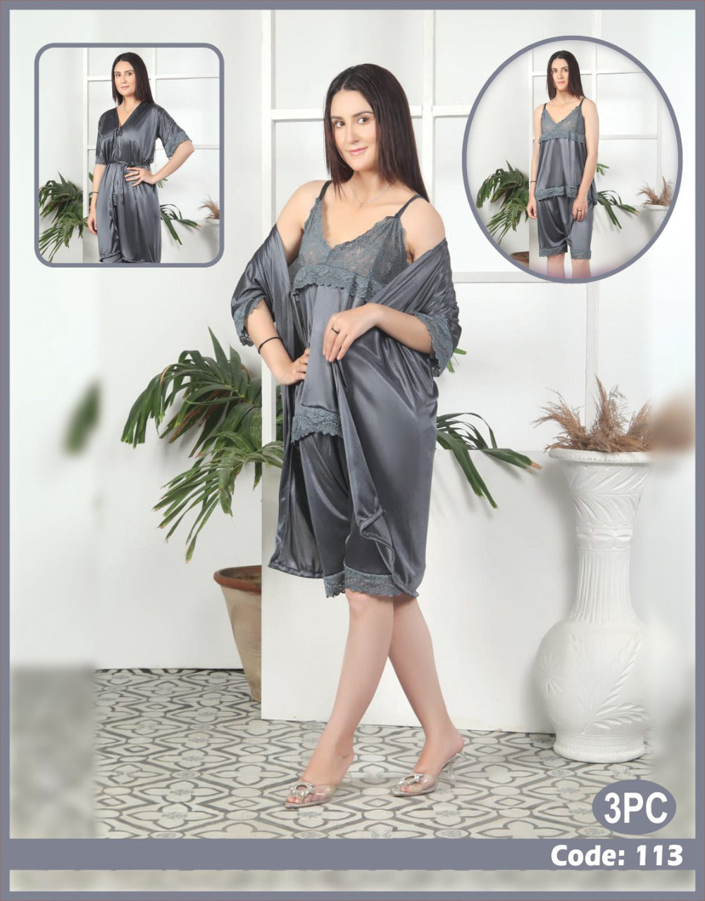 Florea - 3 Pcs Silk Nighty Set With Gown - 113