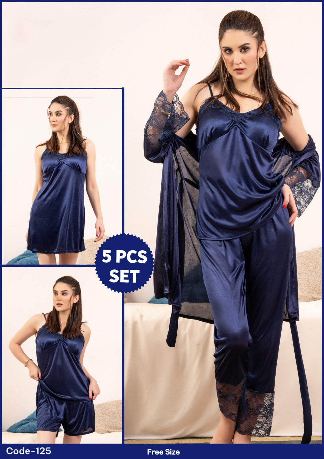 Florea - 5 Pcs Silk Nighty Set With Gown - 125