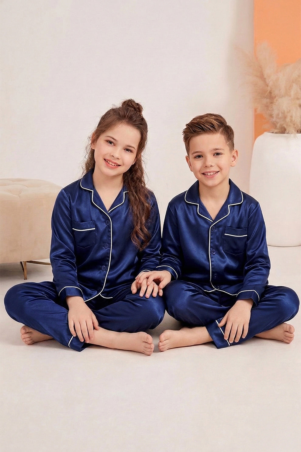 Kids Silk PJ Set - Navy Blue