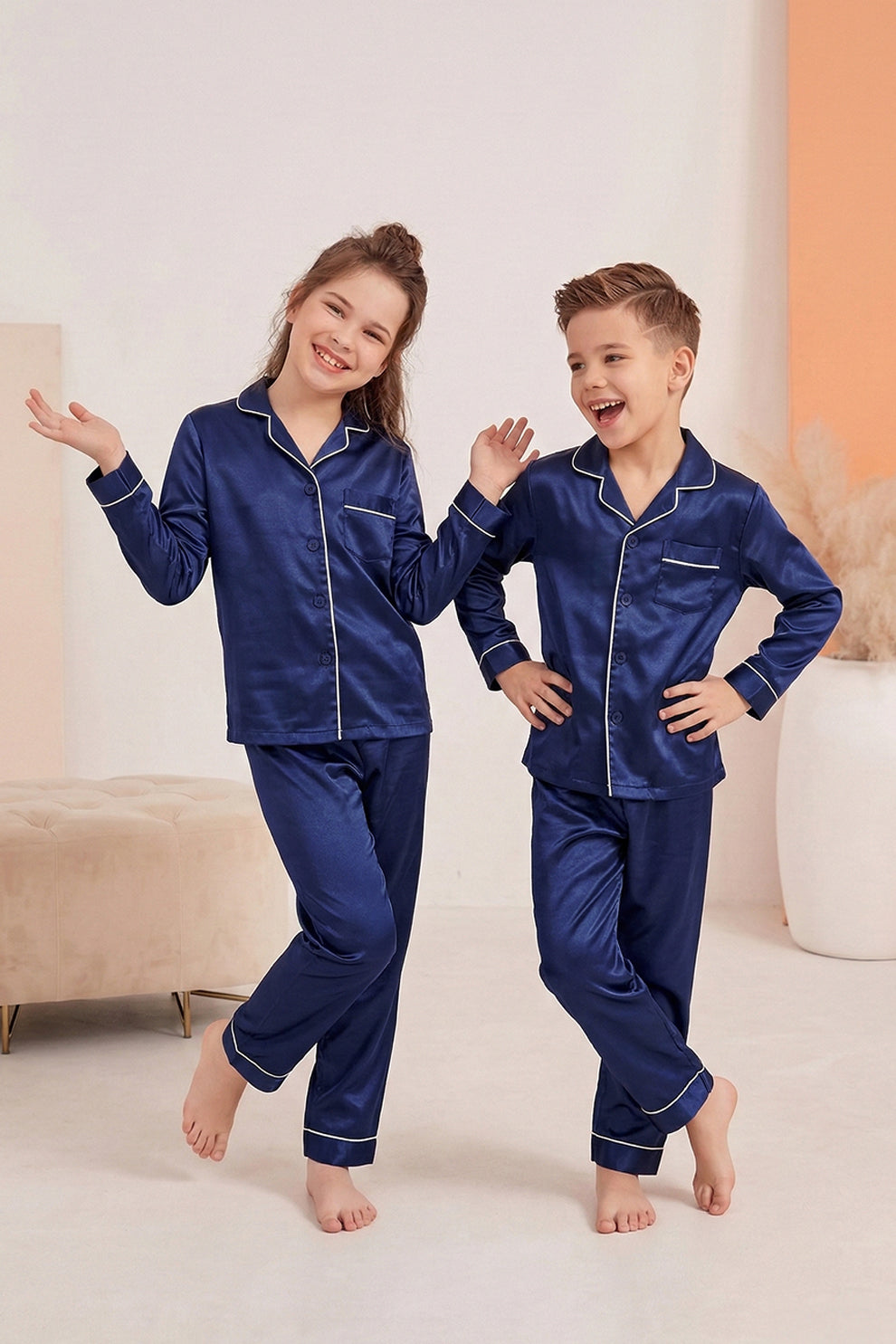 Kids Silk PJ Set - Navy Blue