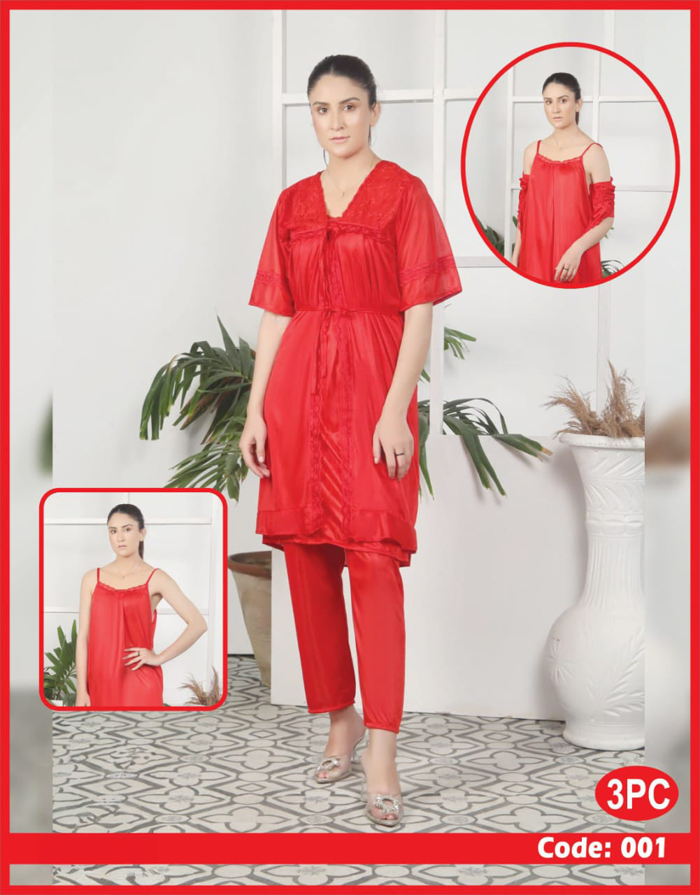 Florea - 3 Pcs Nighty Set With Gown - 001