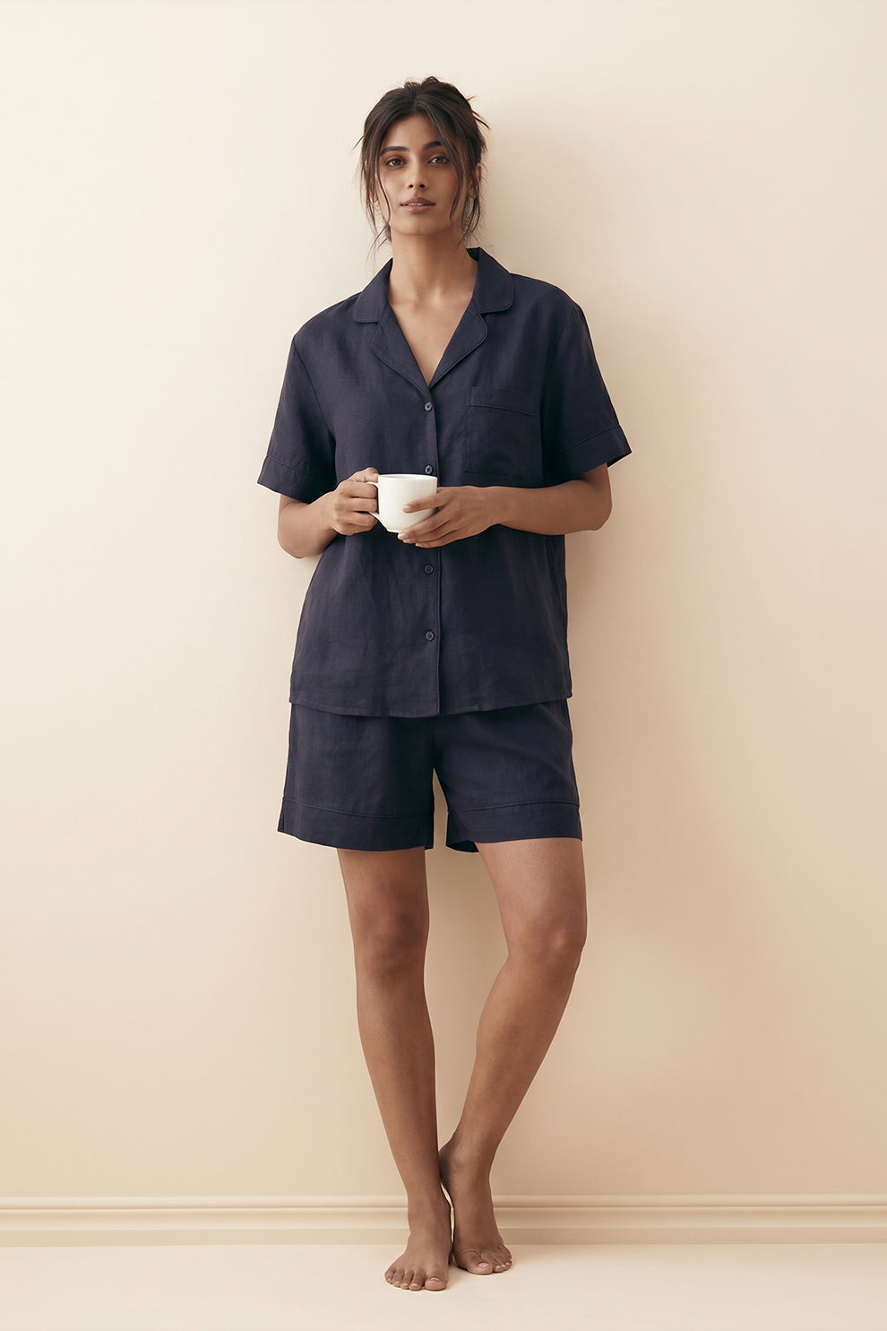 Florea Linen Shortie Set - Navyblue