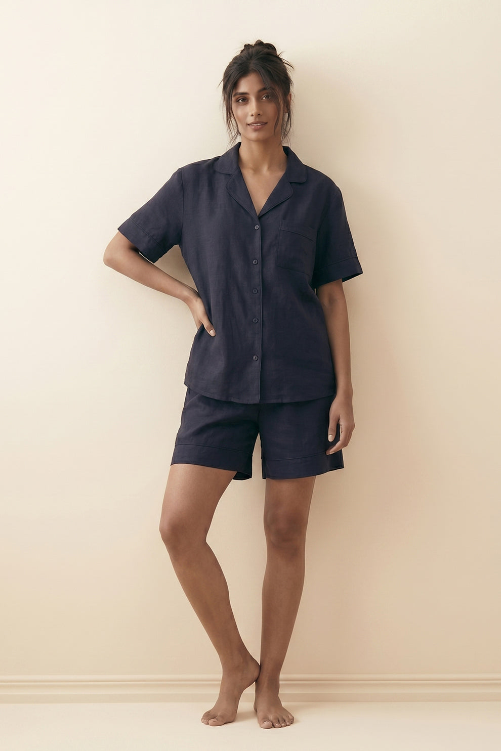Florea Linen Shortie Set - Navyblue
