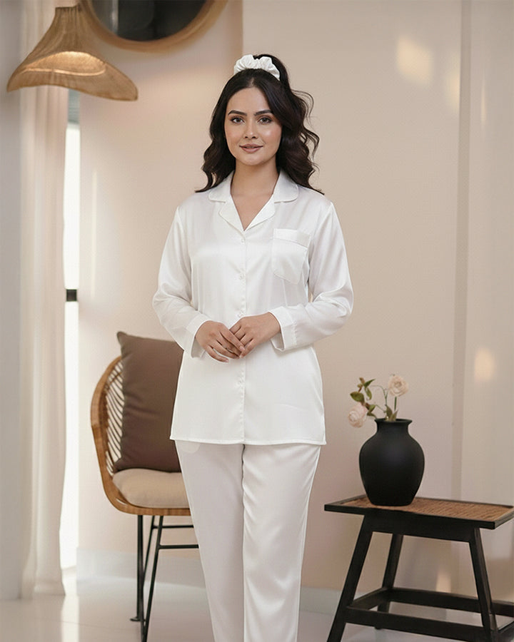 Florea Silk Pajama Set With Scrunchie - White