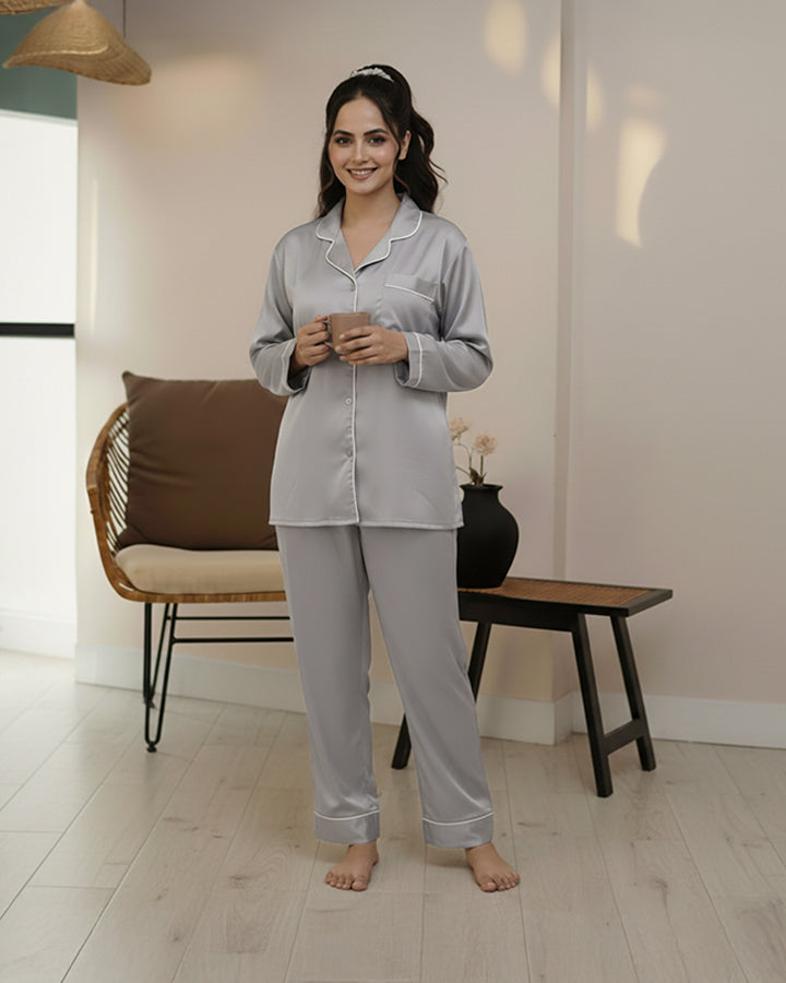 Florea Silk Pajama Set With Scrunchie - Grey
