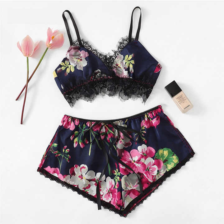 Florea Lingerie Set Printed Satin Two Piece Lace Bra and Panty  with Elastic A006