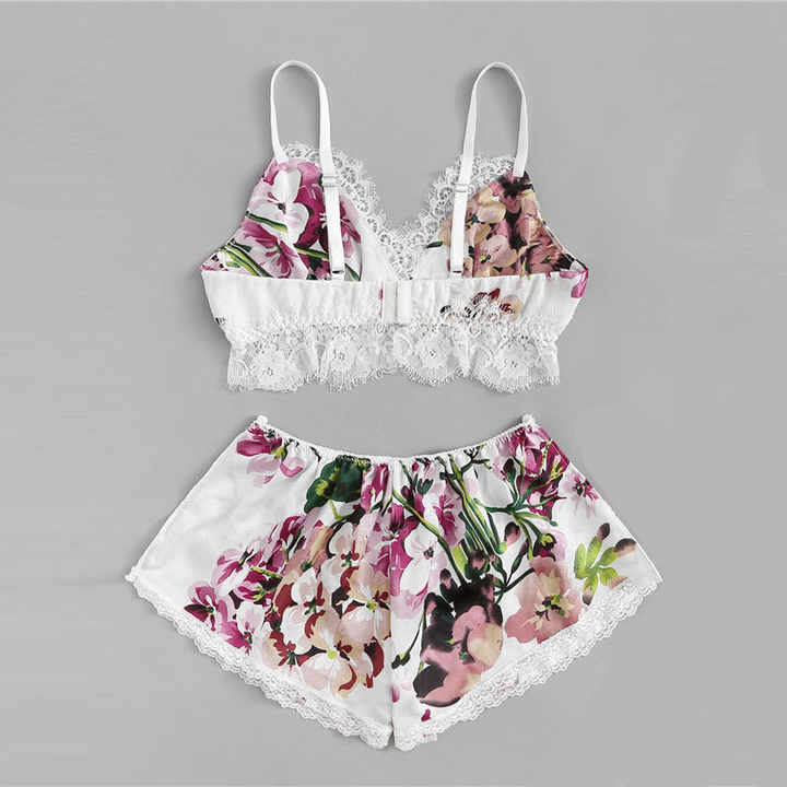 Florea Lingerie Set Printed Satin Two Piece Lace Bra and Panty  with Elastic A006