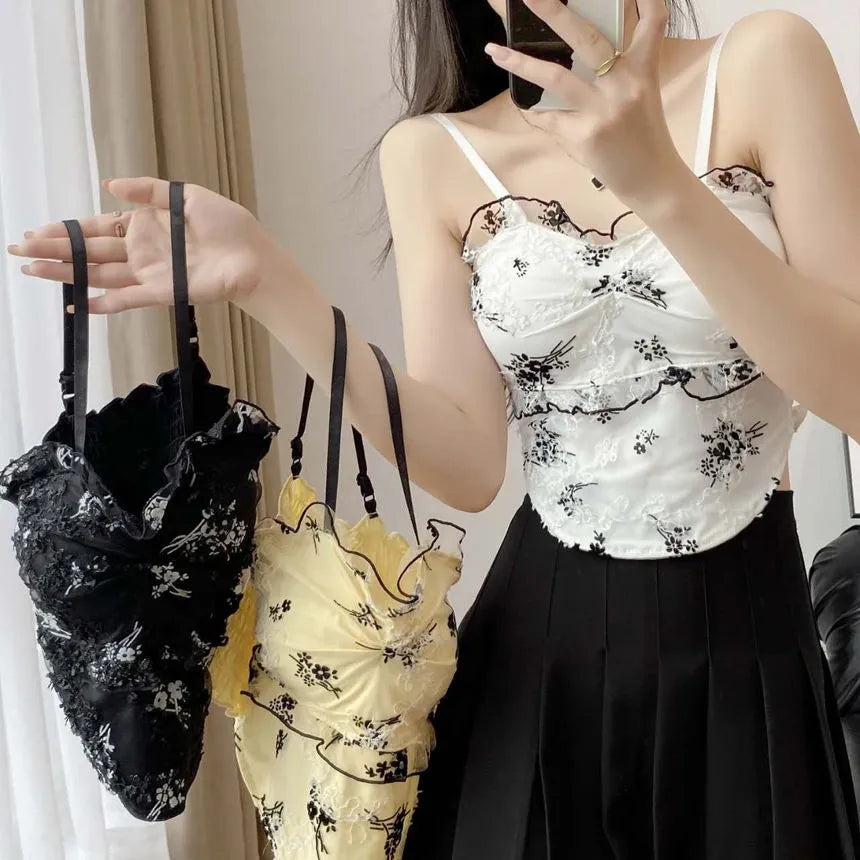 Florea -  Floral Asymmetrical Camisole Top - Black