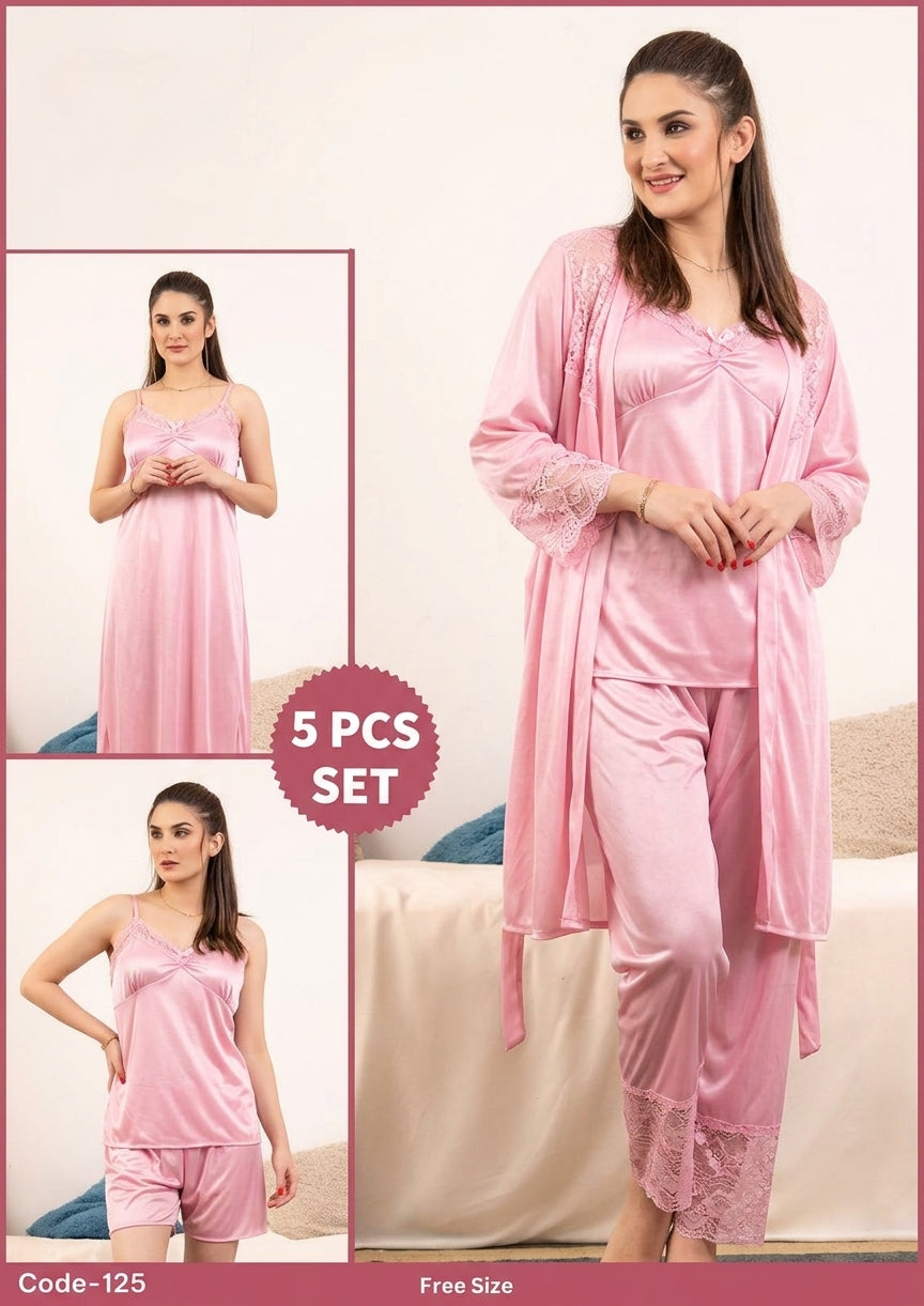 Florea - 5 Pcs Silk Nighty Set With Gown - 125