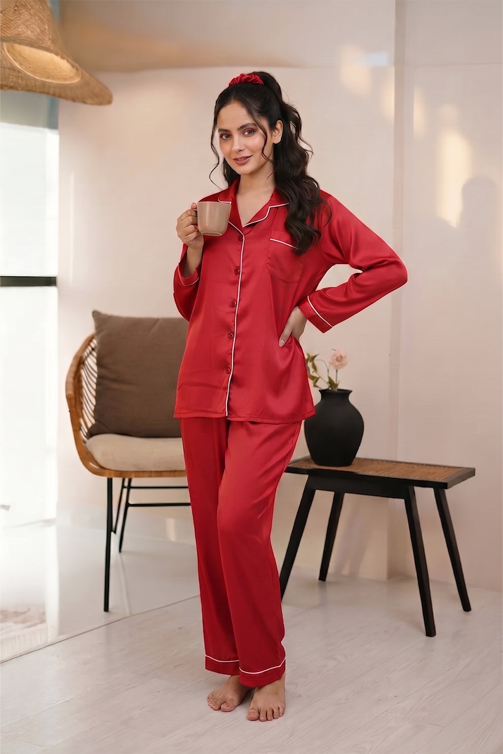 Florea Silk Pajama Set With Scrunchie - Red