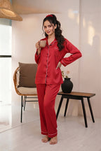 Florea Silk Pajama Set With Scrunchie - Red