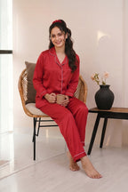 Florea Silk Pajama Set With Scrunchie - Red