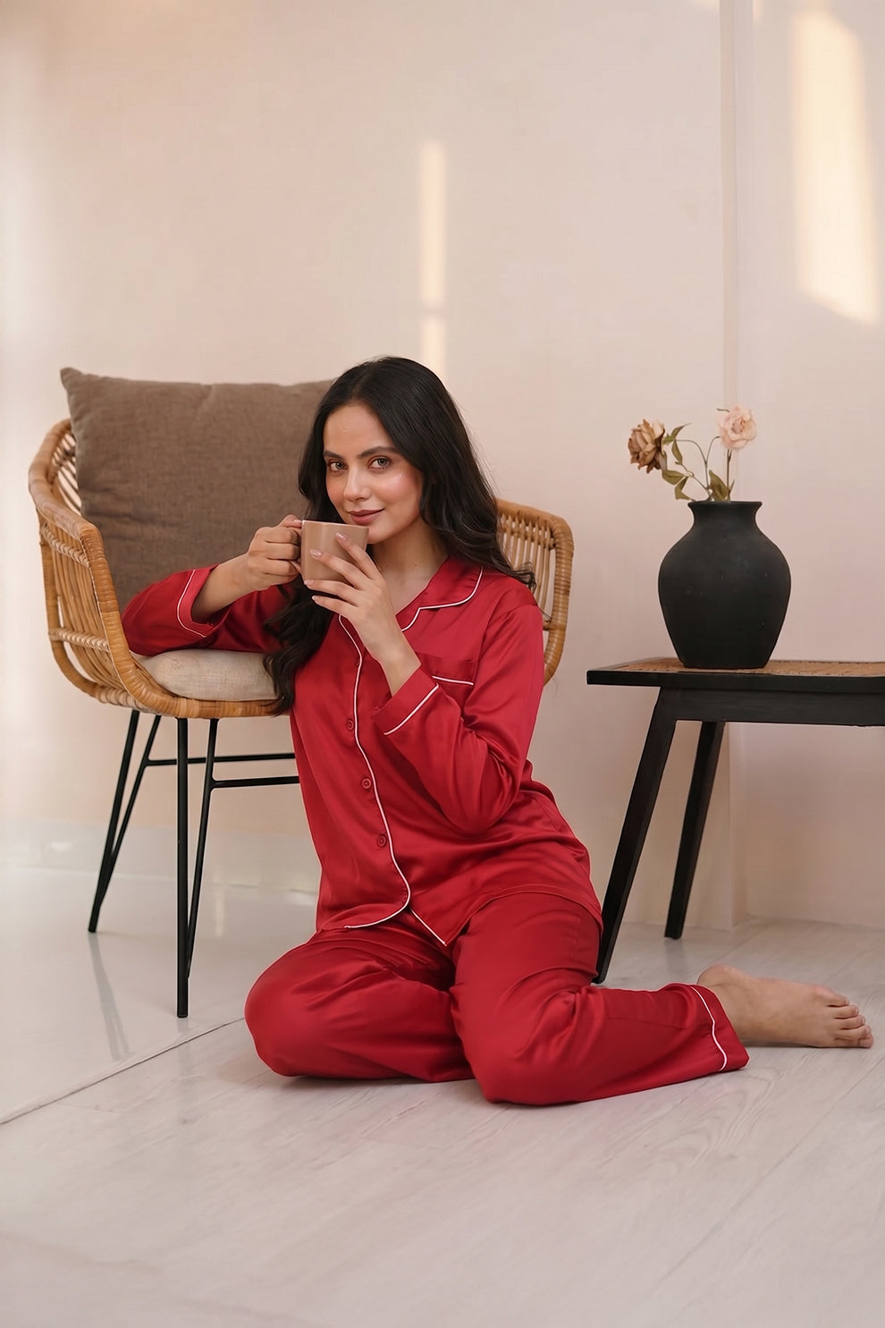 Florea Silk Pajama Set With Scrunchie - Red