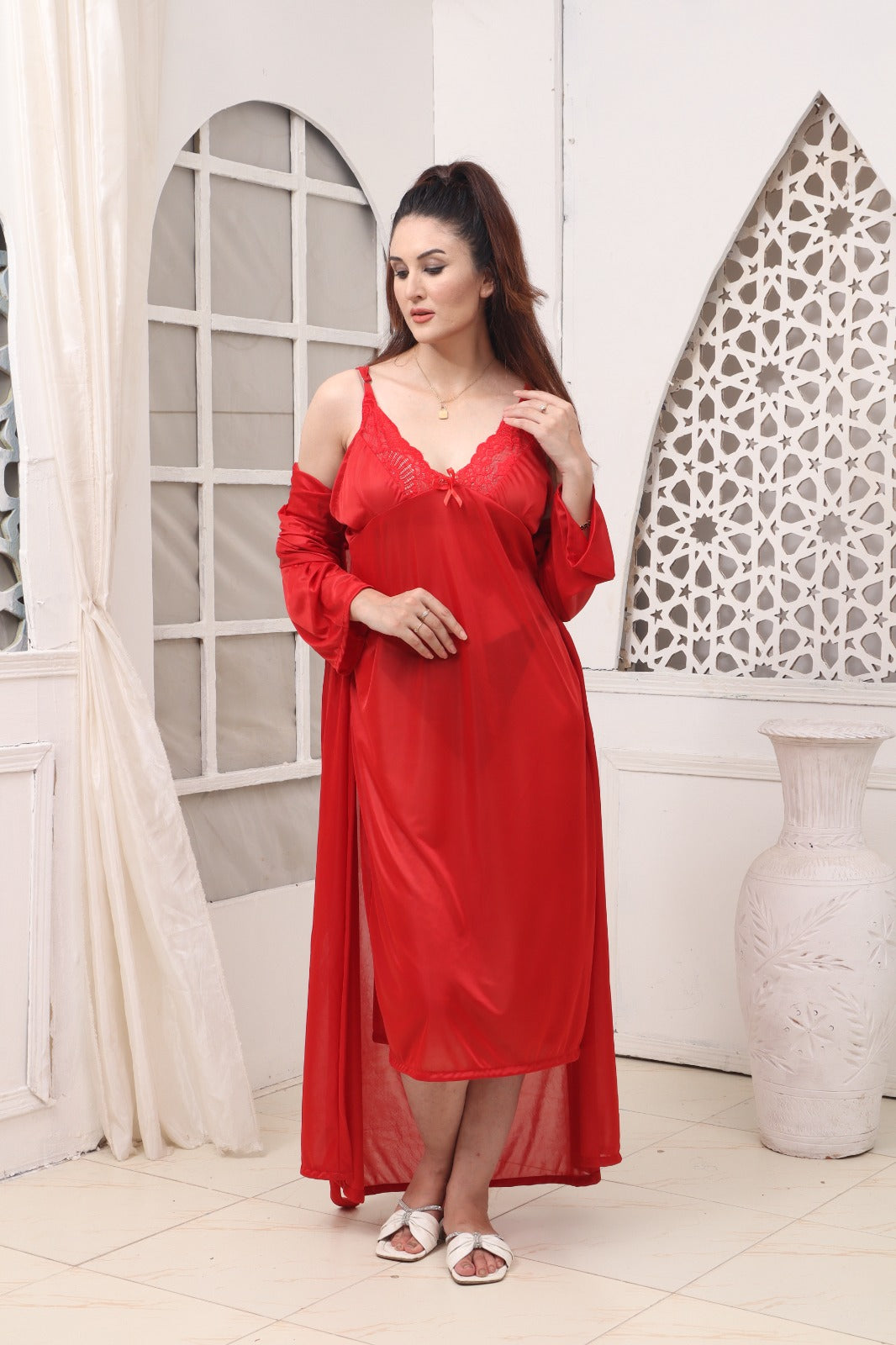 Florea - 2 PCS LONG SLIT SILK NIGHTY SET 120 - Free Size