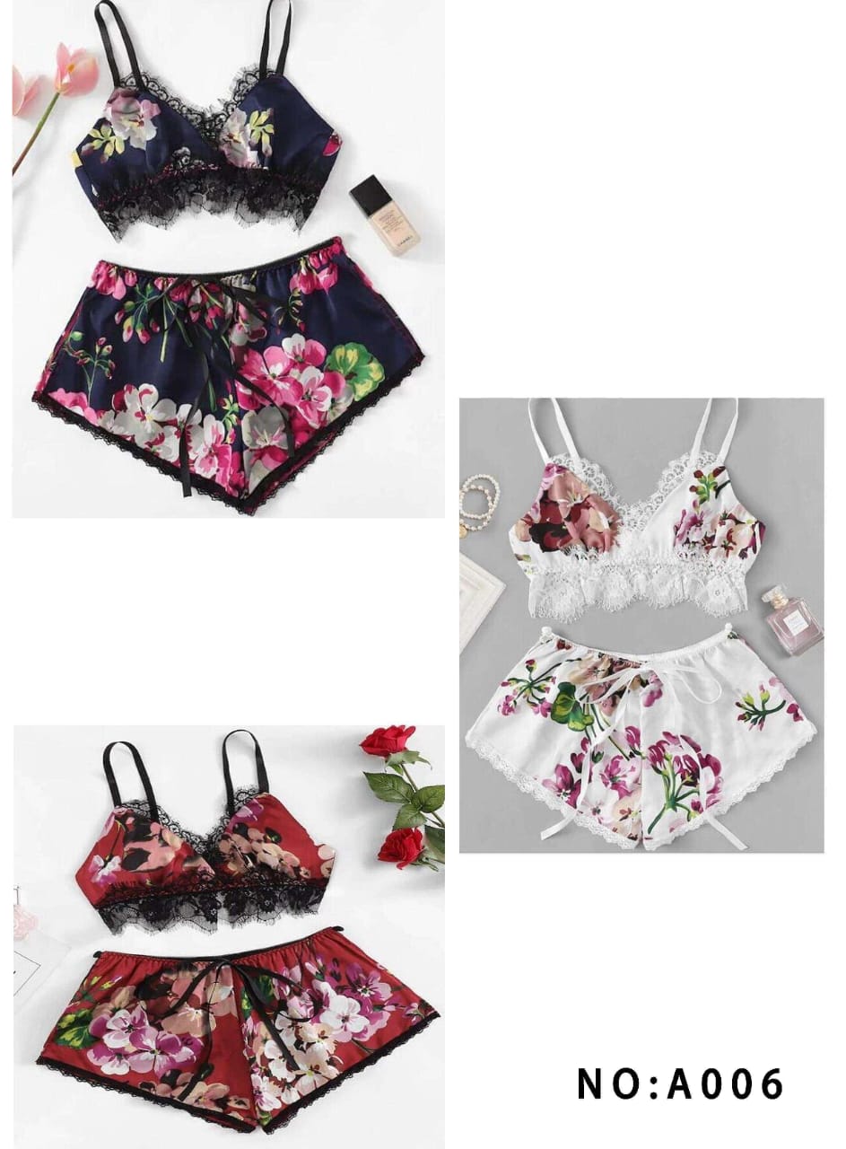 Florea Lingerie Set Printed Satin Two Piece Lace Bra and Panty  with Elastic A006