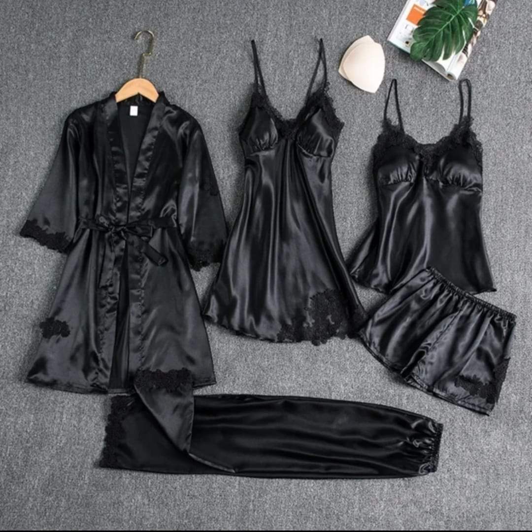 Florea | 5pcs LONG SILK NIGHTY SET