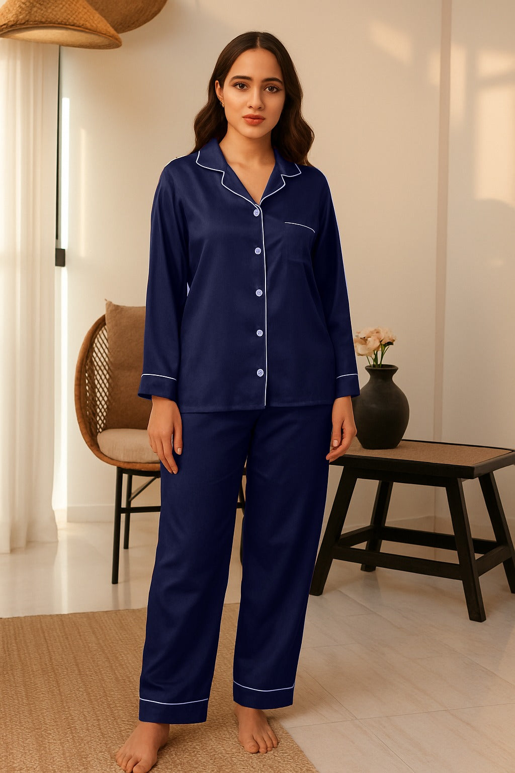 Two-Piece Silk Pajama Set with Relaxed Fit for Ladies