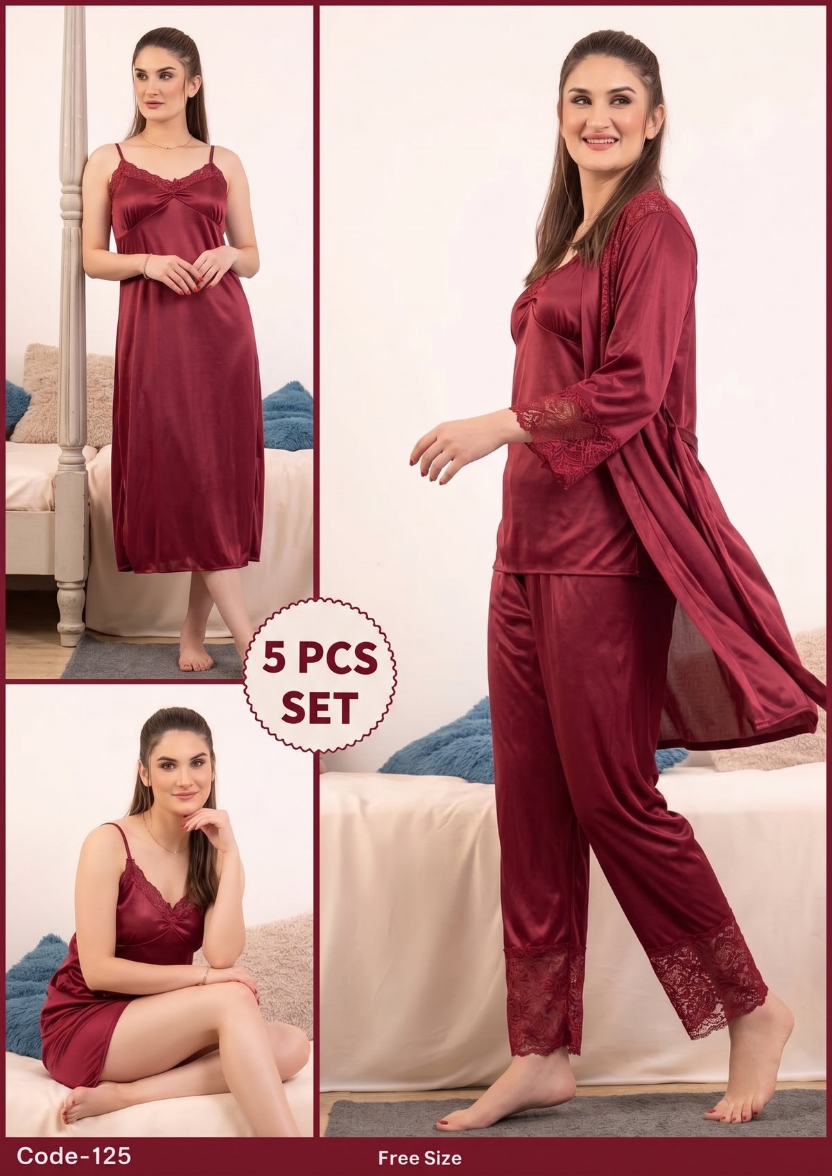 Florea - 5 Pcs Silk Nighty Set With Gown - 125